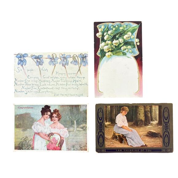 Antique Postcards Women Flowers Nature Lot of 4 Early 1900s Embossed Gilt - Picture 1 of 14